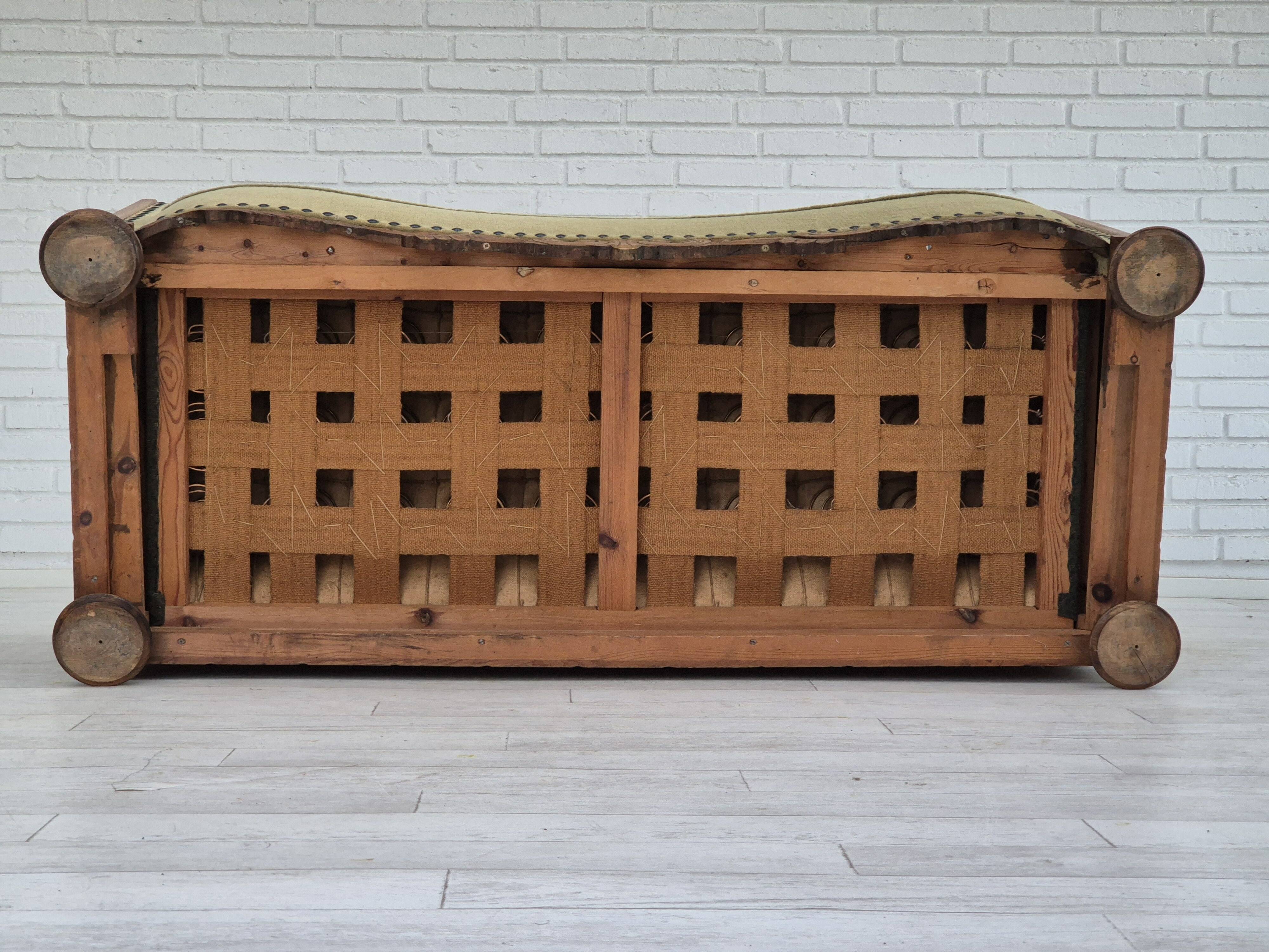1950s, Danish curved sofa, furniture velour, oak wood.