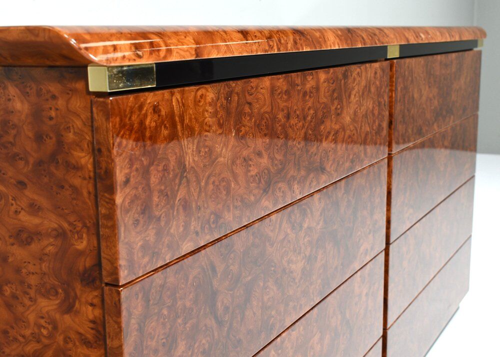 Italian drawer credenza in high gloss burl and brass, Italy, 1970s