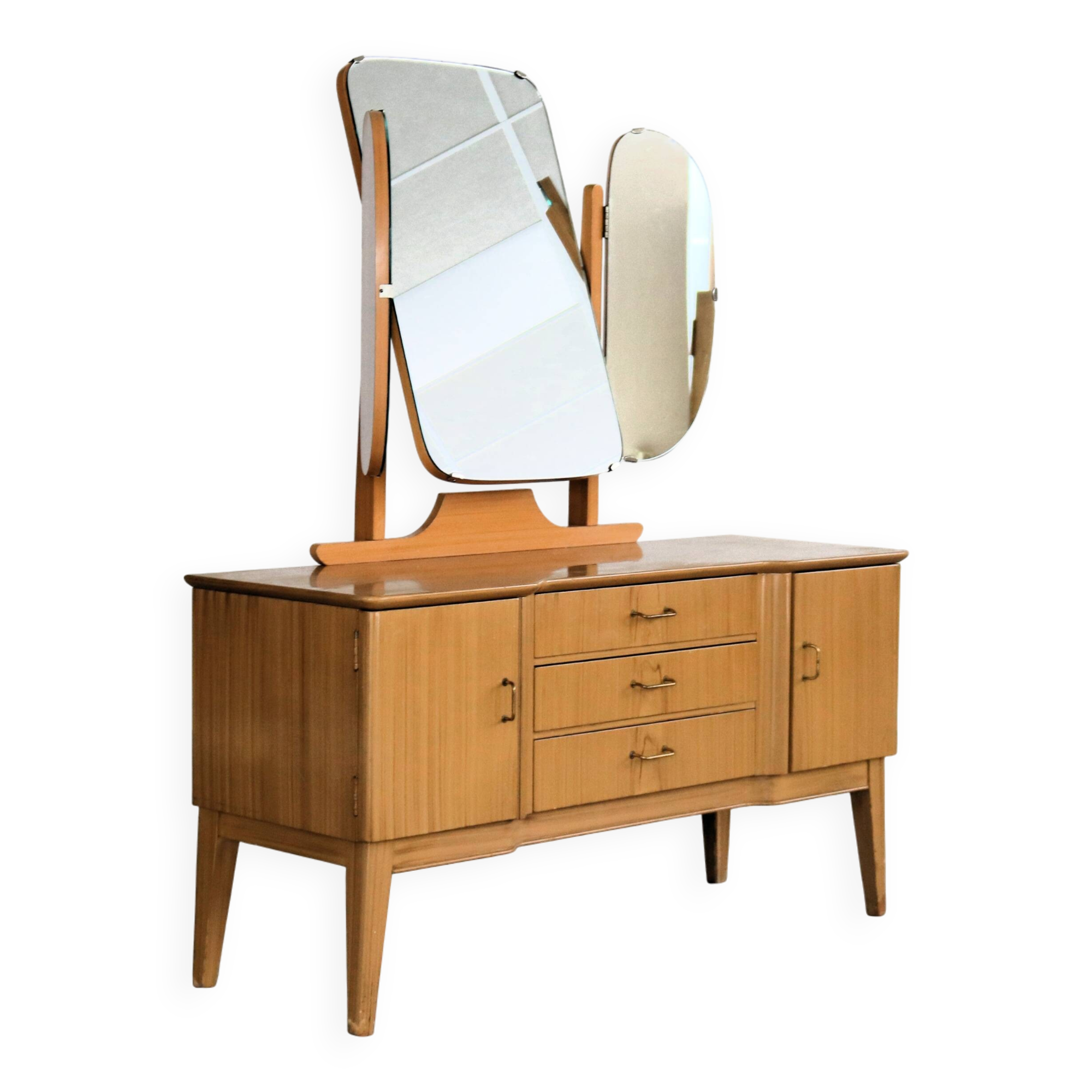 Coiffeuse en bois, laiton et verre, Suède années 1960