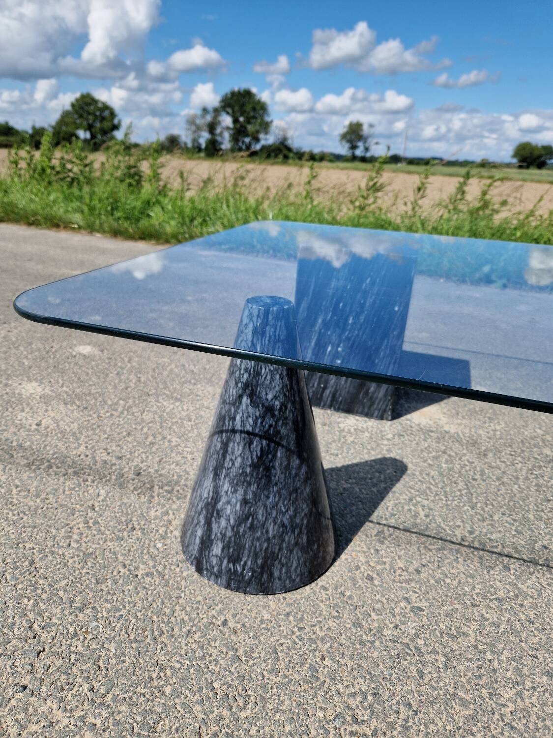 Vintage sculptural marble and glass coffee table from the 80s