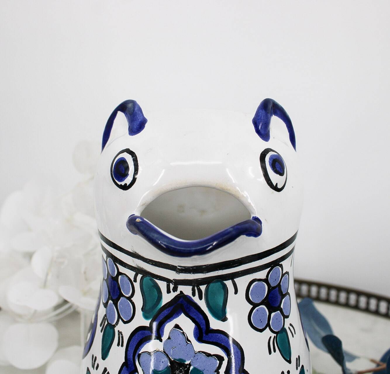 Vintage blue and green ceramic cat-shaped jug carafe