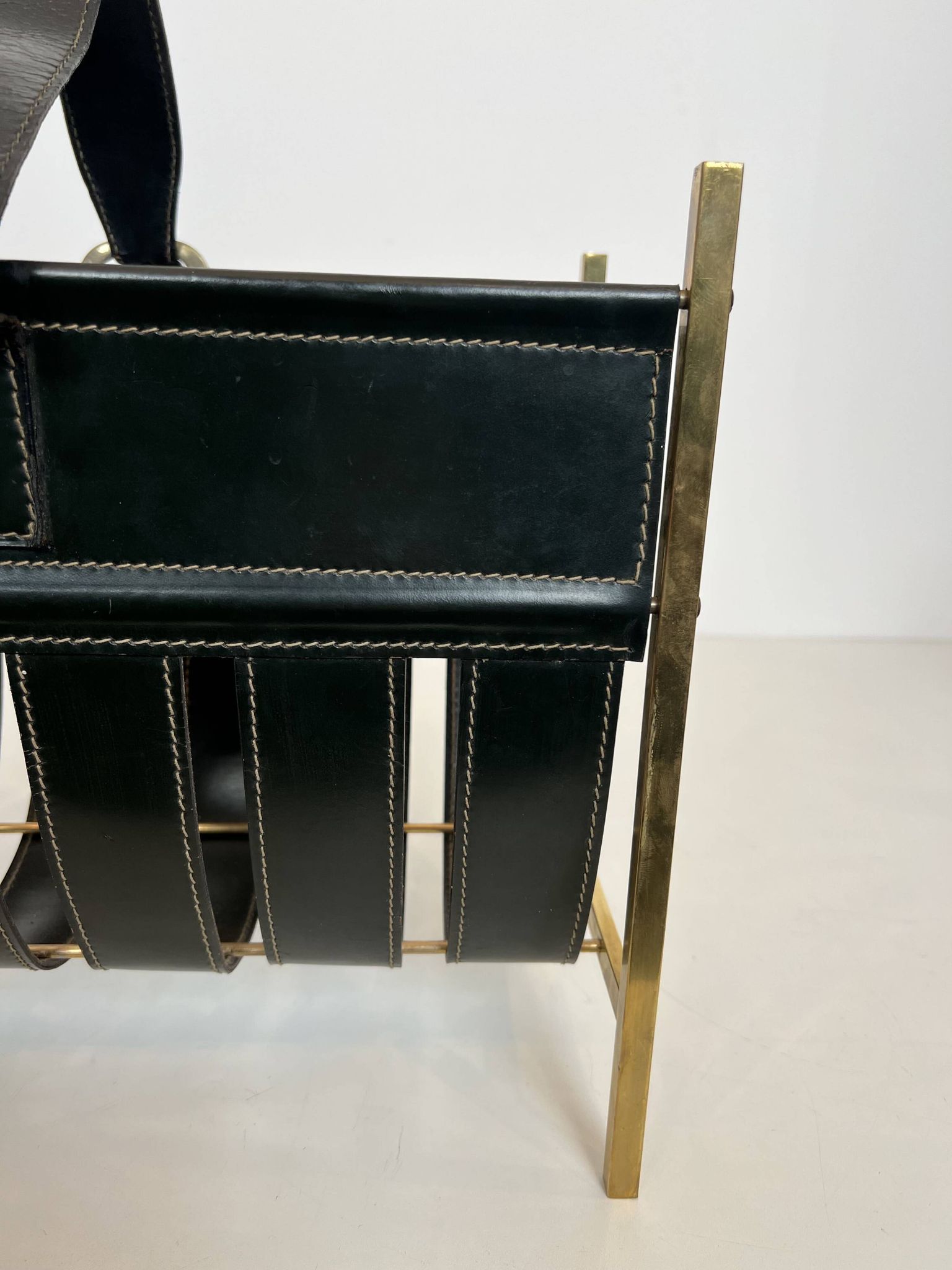 Black Leather Quilted Magazine Holder with Brass Loop Handle. Work