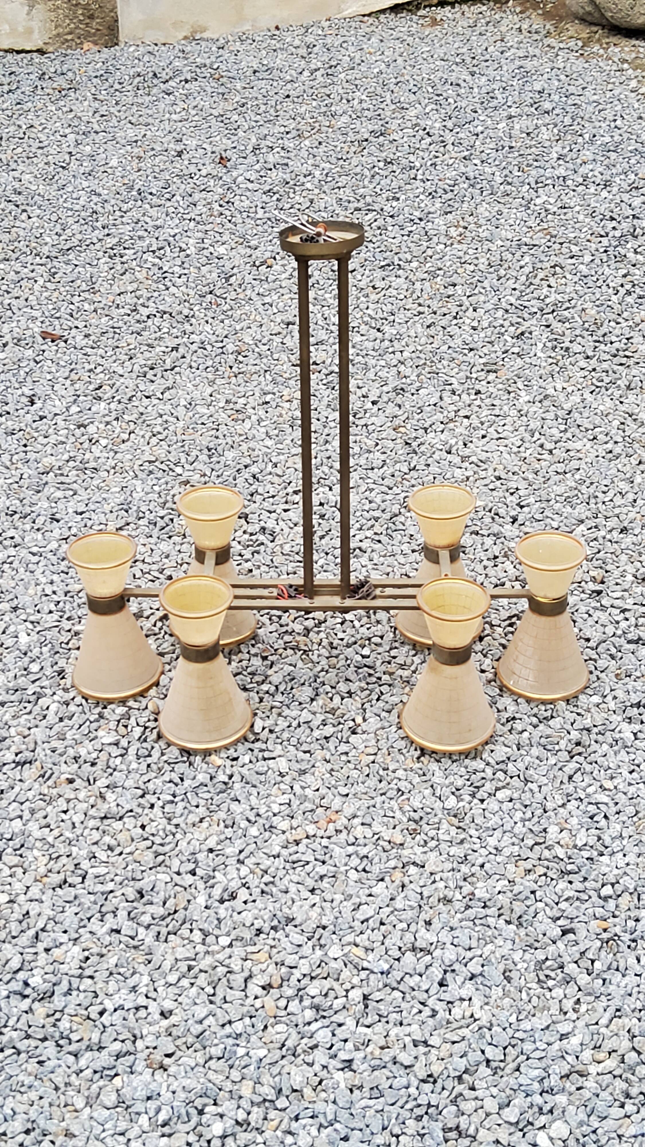 Vintage chandelier from the 50s in glass and brass 6 diabolo glass tulips