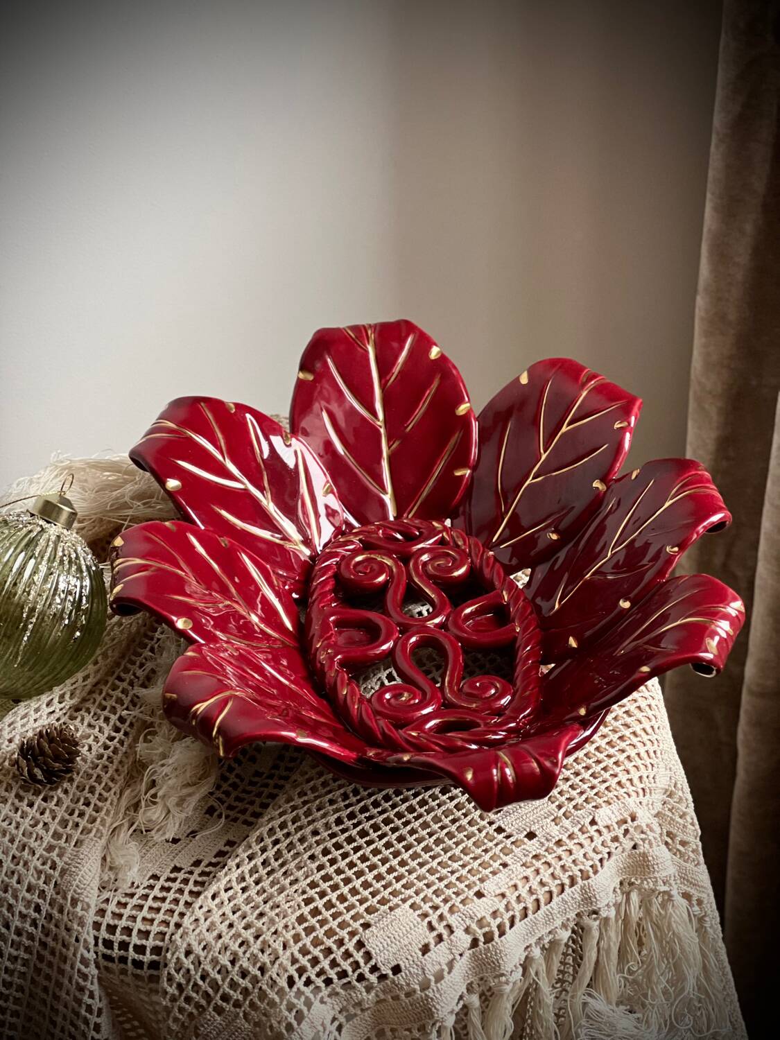 Woven ceramic basket with petals in oxblood slip / baroque style, eclectic