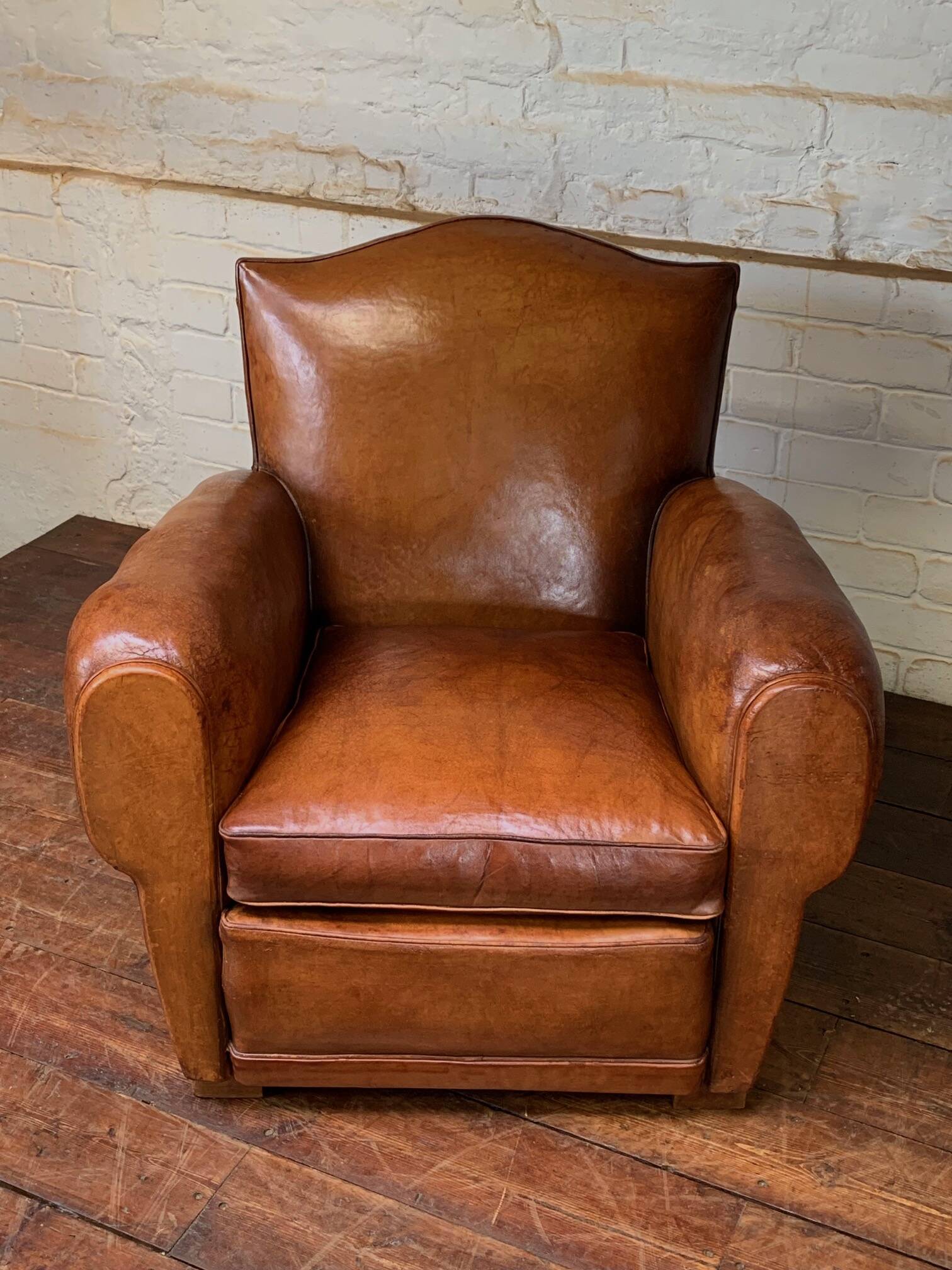 French leather club chair chapeau de gendarme in caramel c 1950