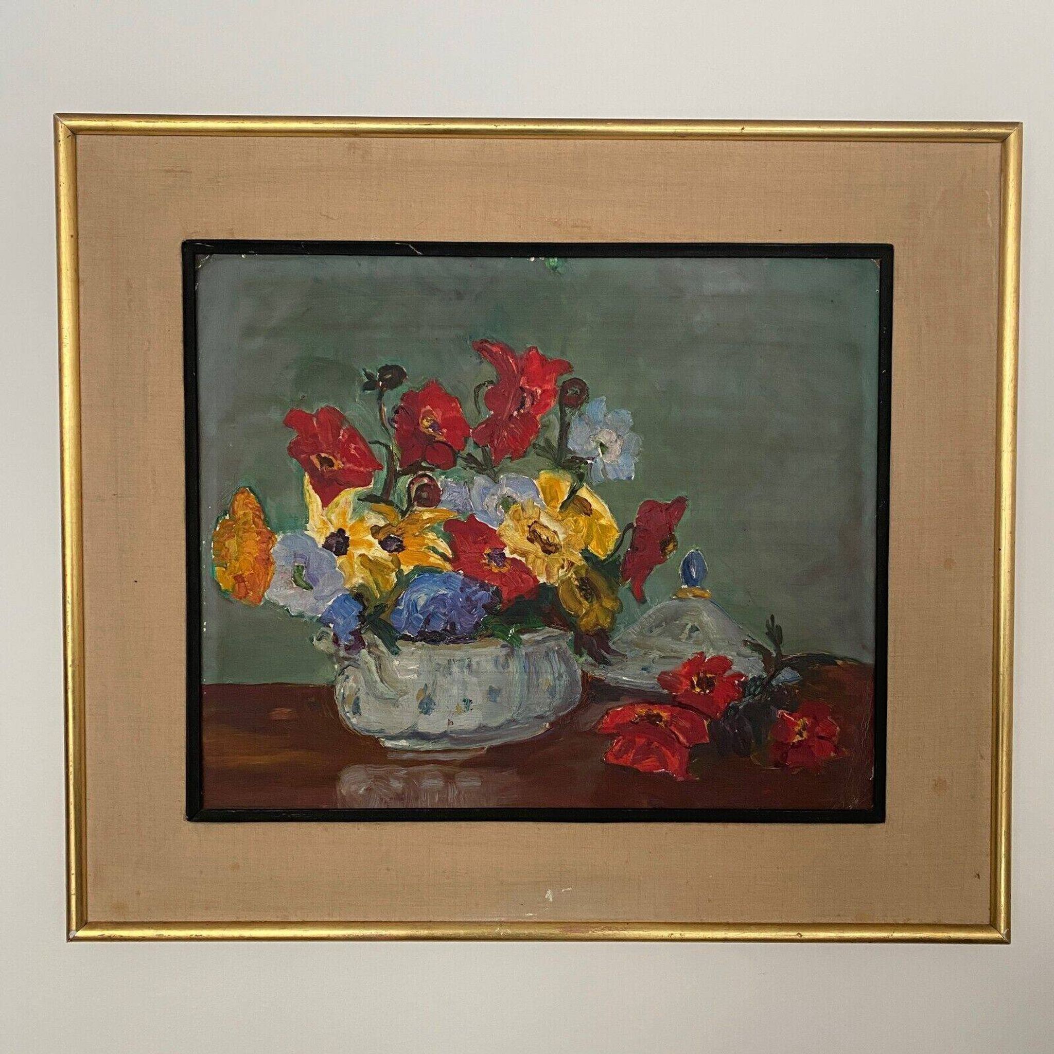 Oil on cardboard still life bouquet of flowers 20th century
