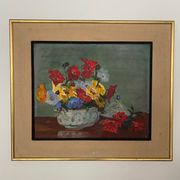 Oil on cardboard still life bouquet of flowers 20th century
