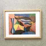 Vintage cubist still life pastel under glass and signed from 1967.