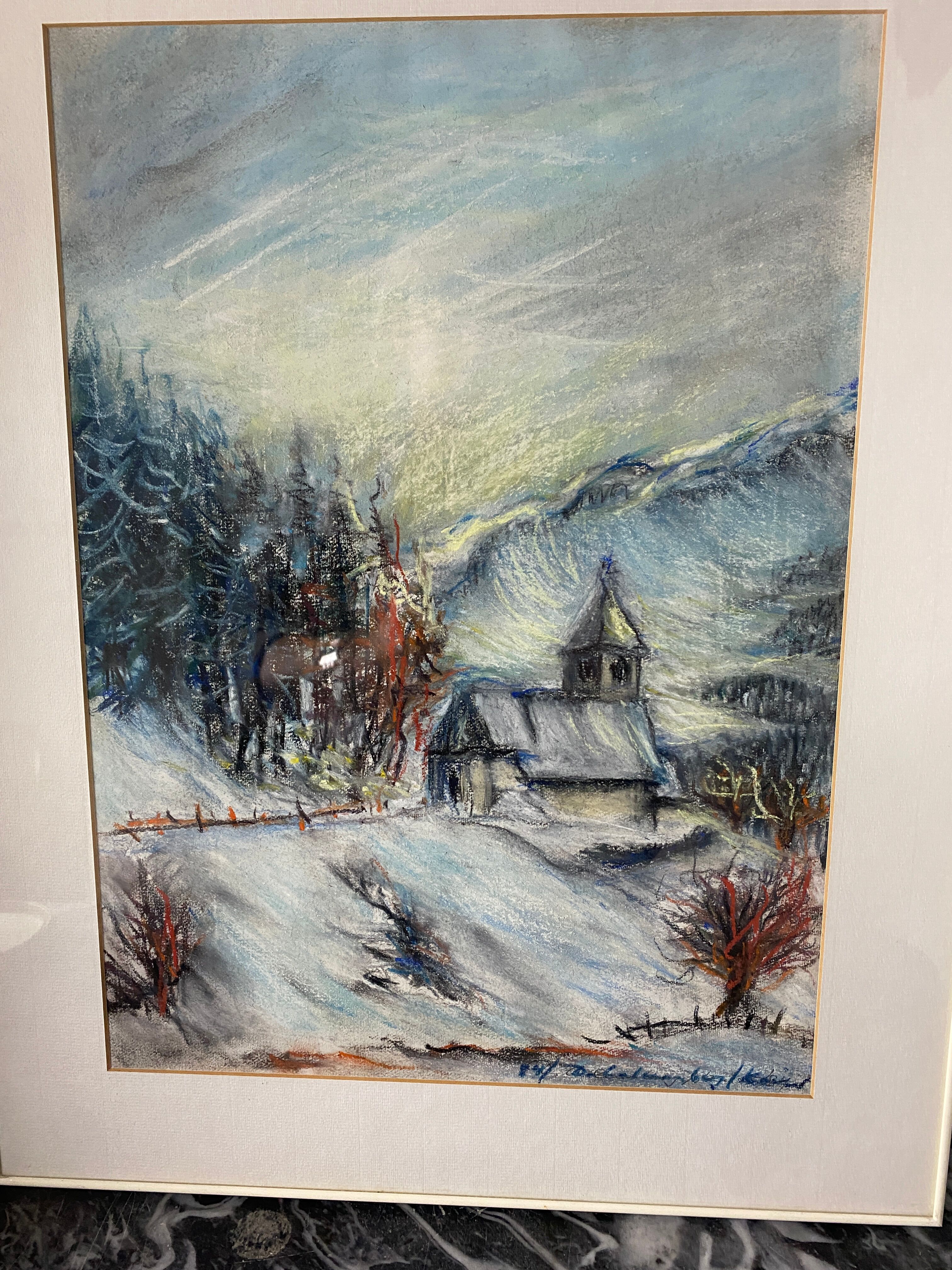 Pastel "chapel under the snow" signed