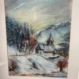 Pastel "chapel under the snow" signed