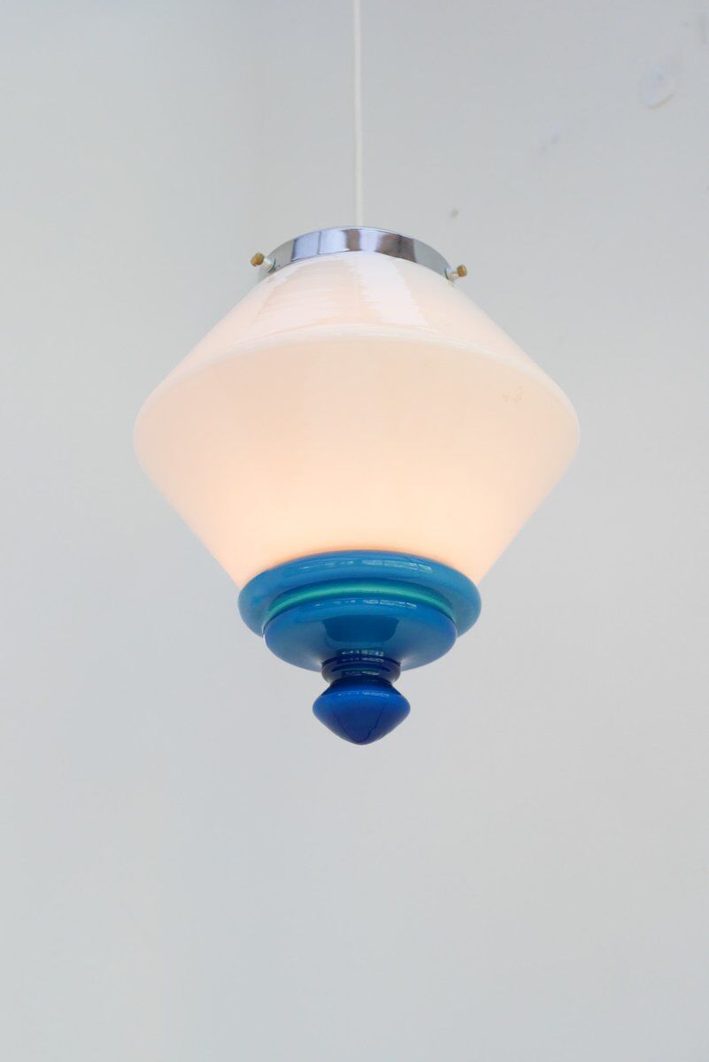 Scandinavian Art Deco milk glass pendant light with azure blue details, 1930s