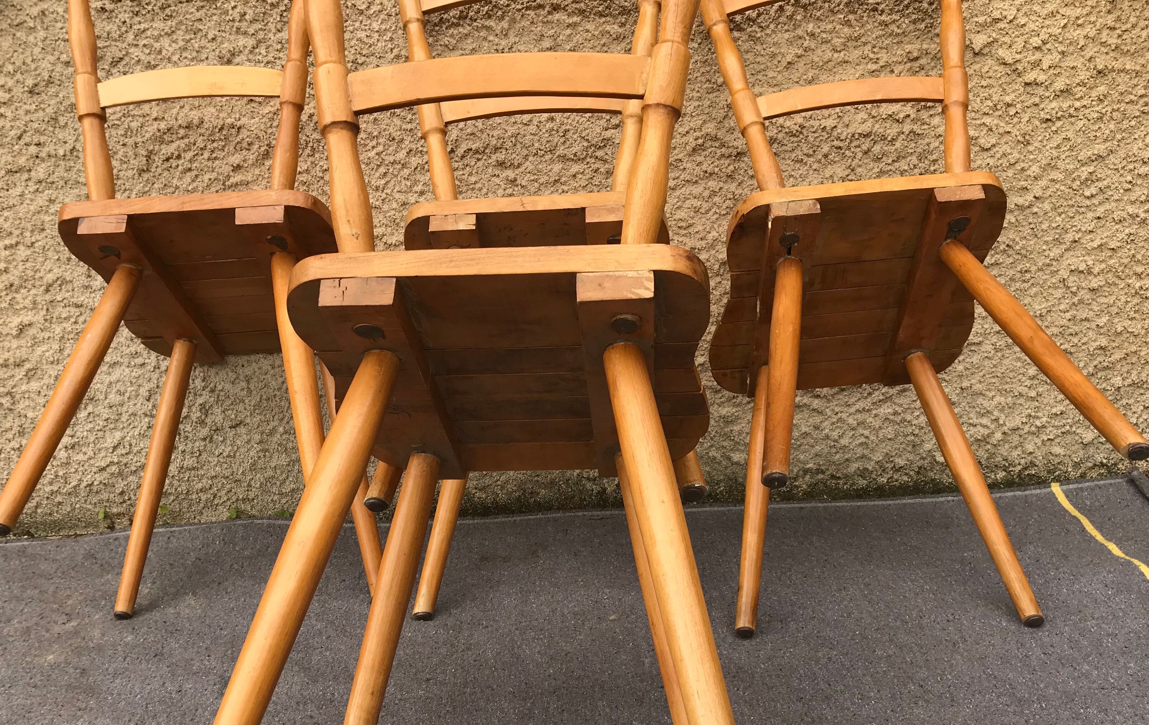 Set of 4 Vintage Beech Chairs Bistro Country Feet Compass