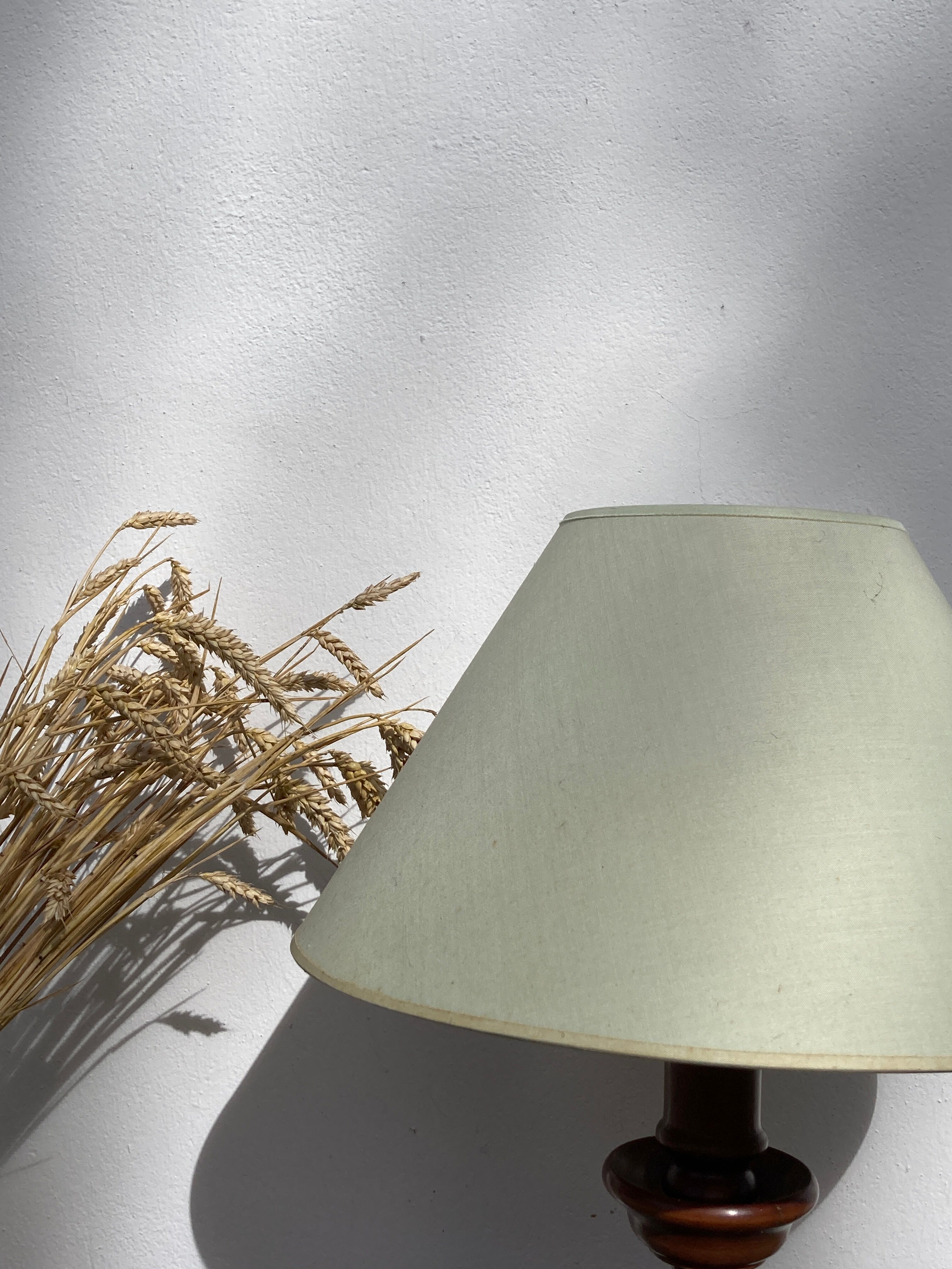 Turned wooden lamp old bluish gray lampshade