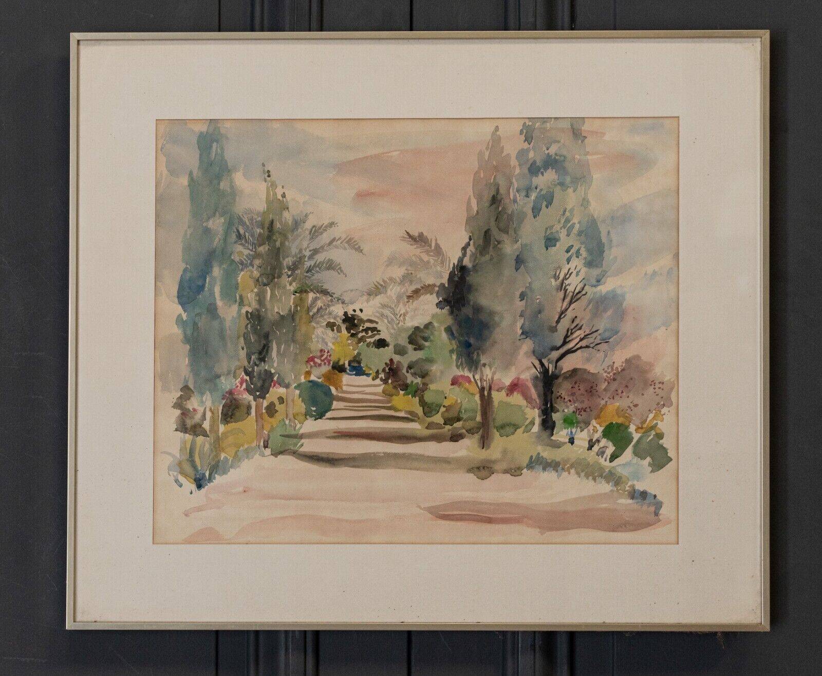 Watercolor on paper by Bernadette Sers Allée de Cyprès 20th century