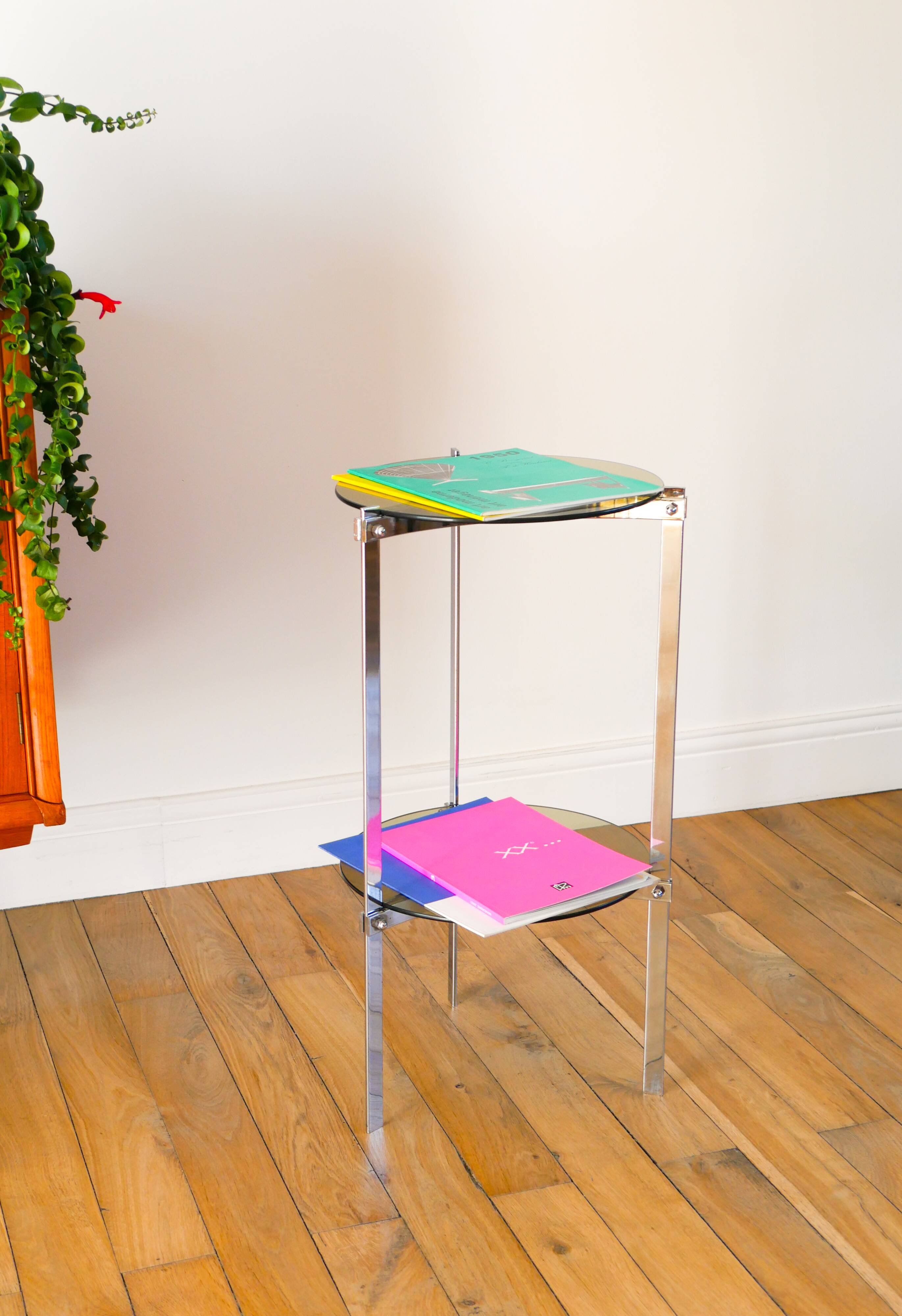 Tripod stand in chrome and smoked glass, double floors, Design, 1970