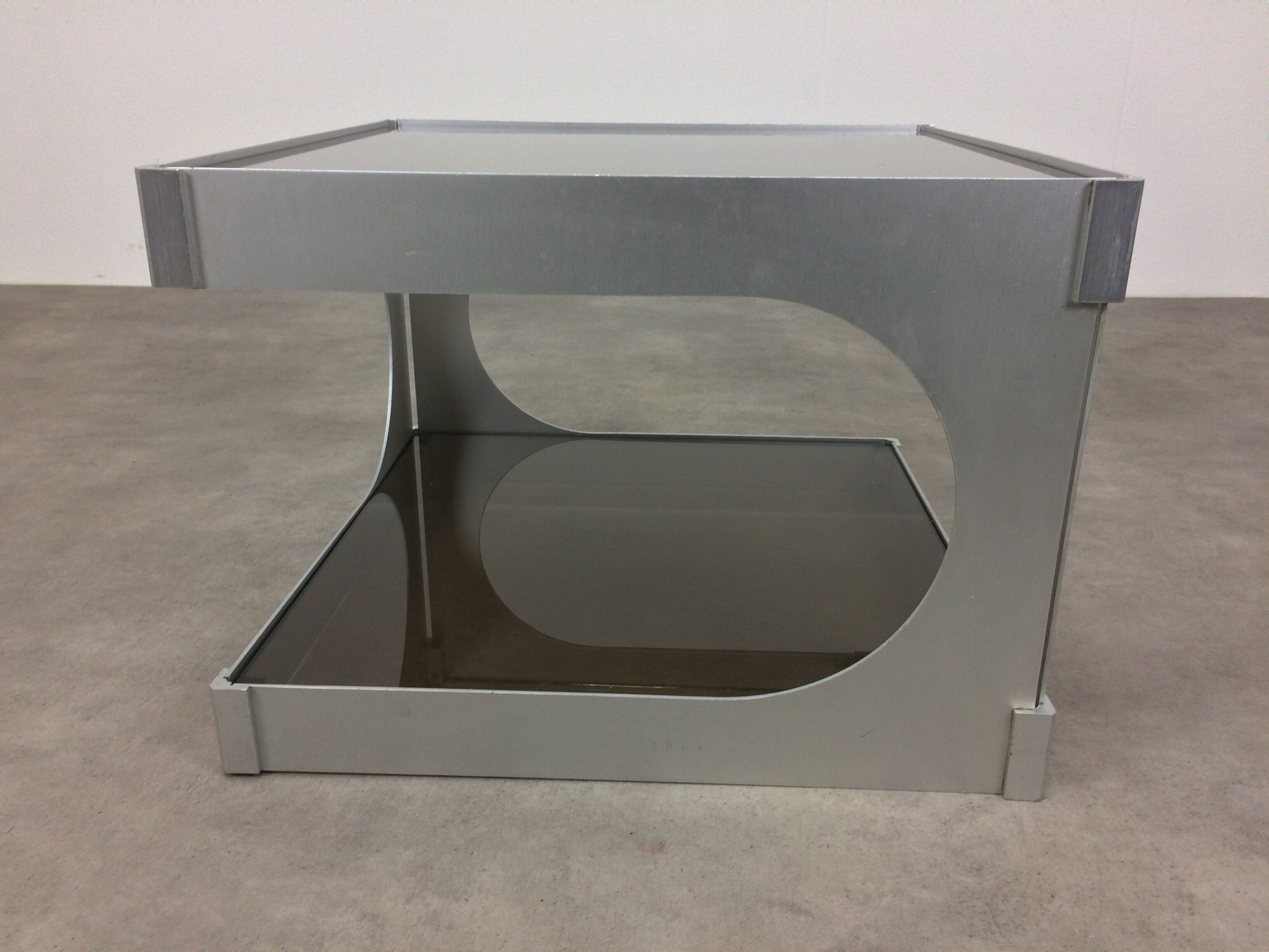 Side table space age aluminum smoked glass, end of sofa 1970