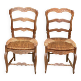 2 chaises bois massif chêne sculpté et paille Louis XV