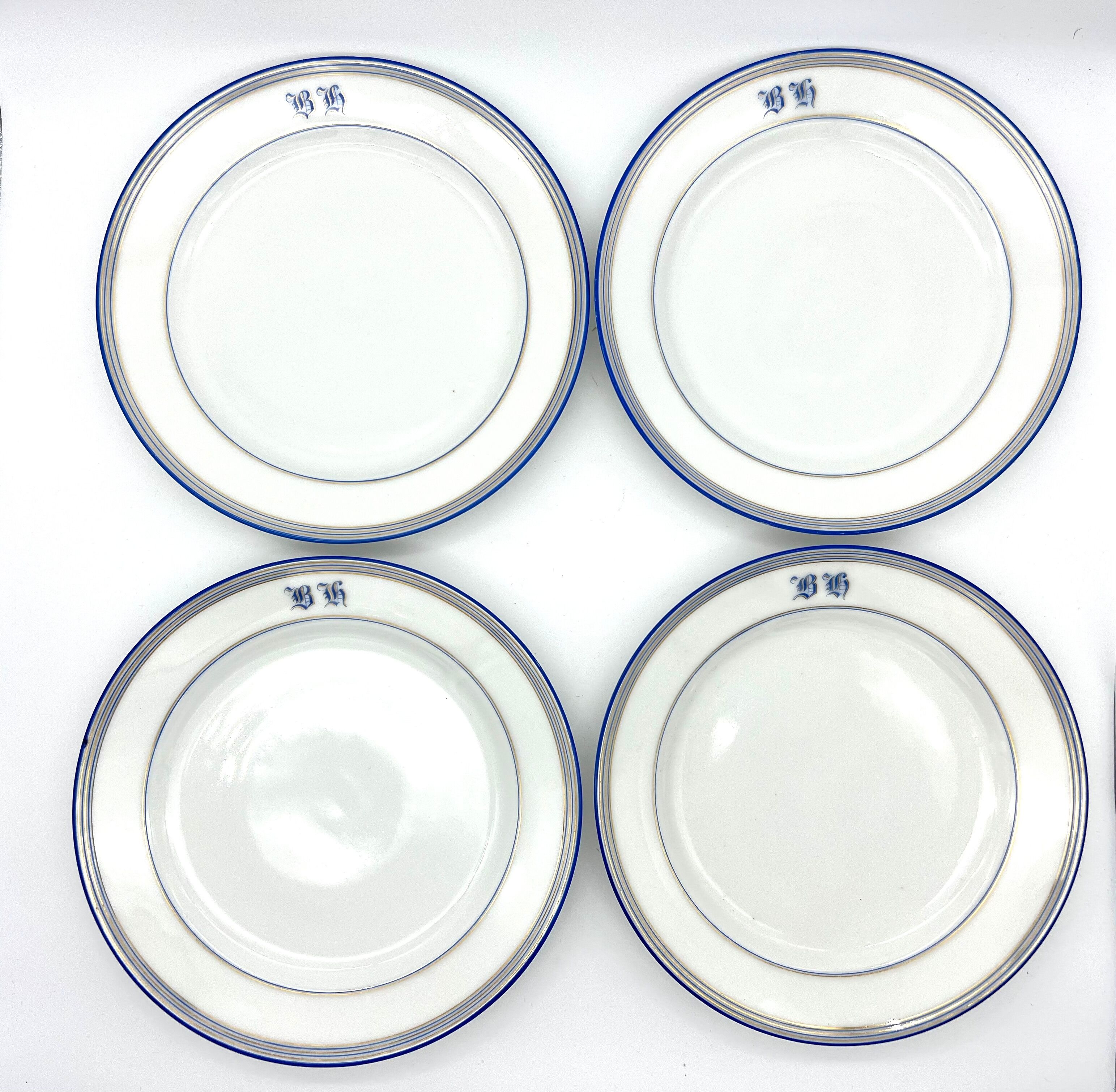 White and blue dessert plate with monogram BH
