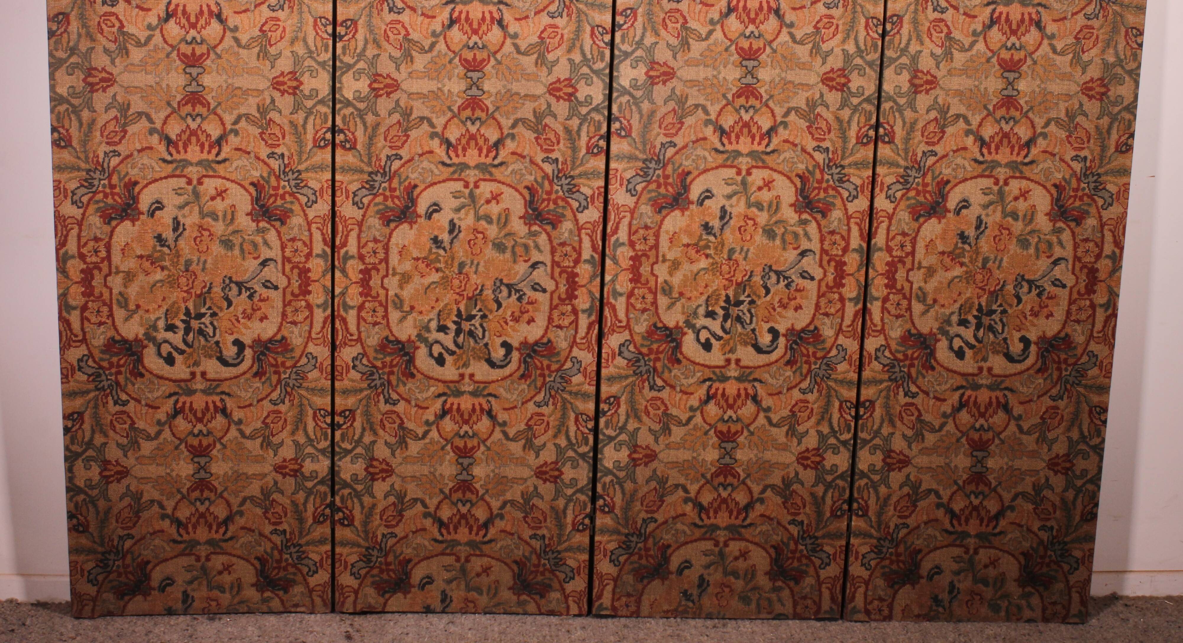 four-panel screen painted on 19th century fabric