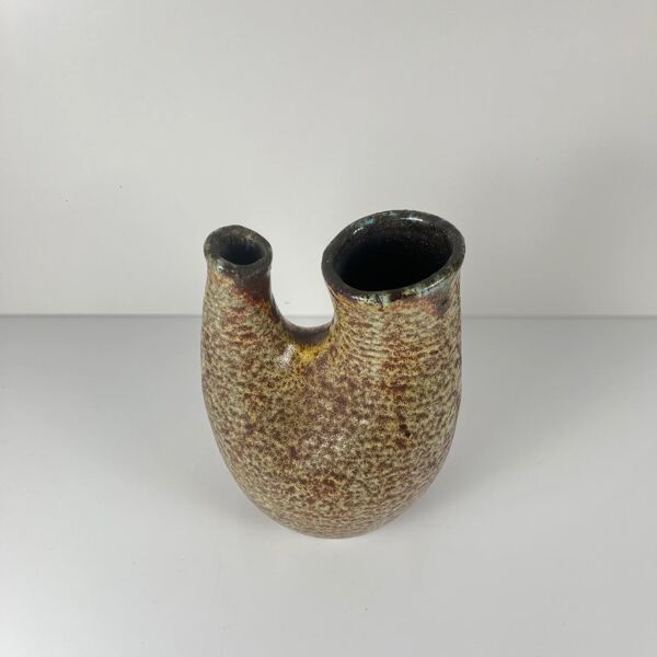 Vase double dans le style d'Accolay, grès moucheté, 1960-70