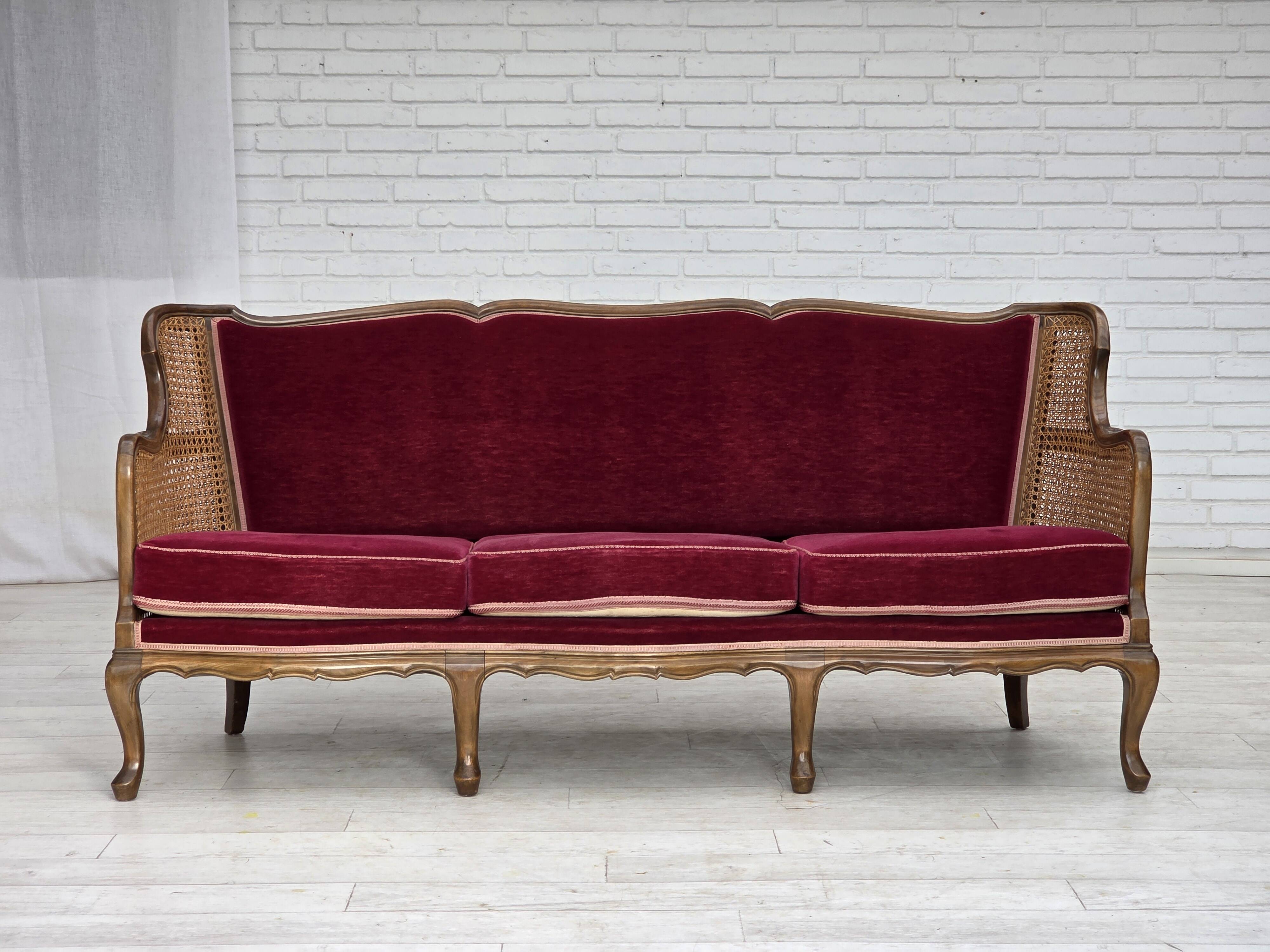 1950s, Danish 3-seater sofa, furniture velour, ash wood, mesh.