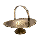 Coupe corbeille panier à anse sur piédouche en métal argenté à décor floral