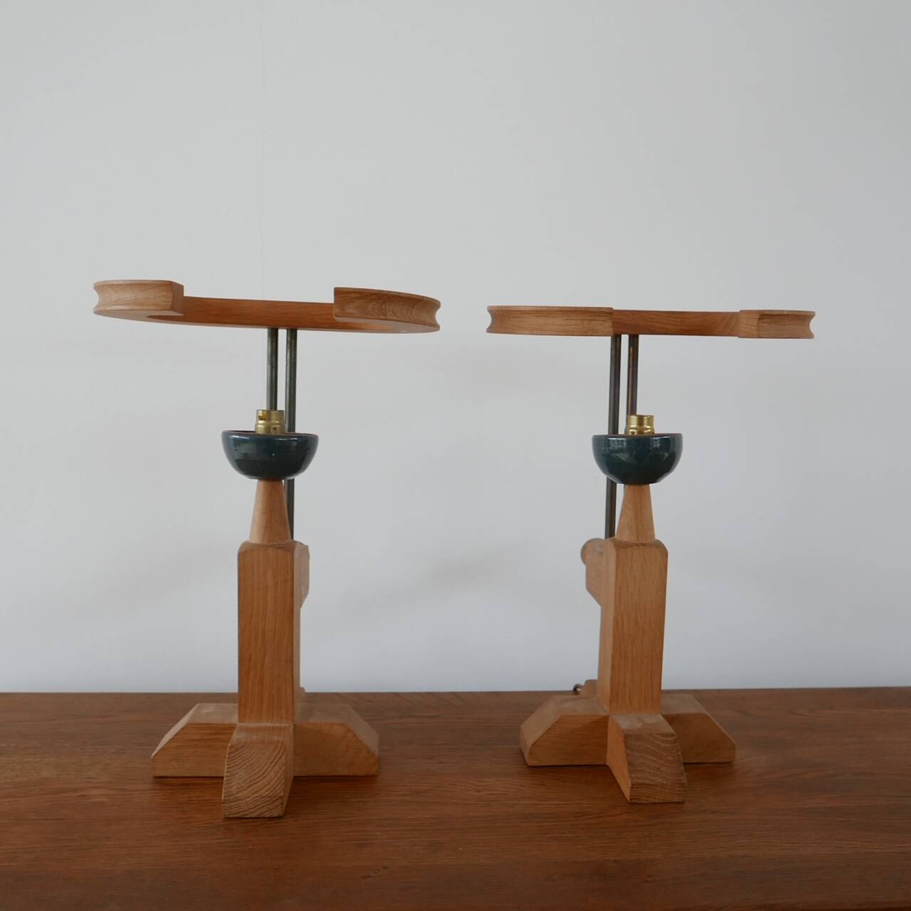Guillerme et Chambron Oak and Ceramic Mid-Century French Table Lamps (3 Available)