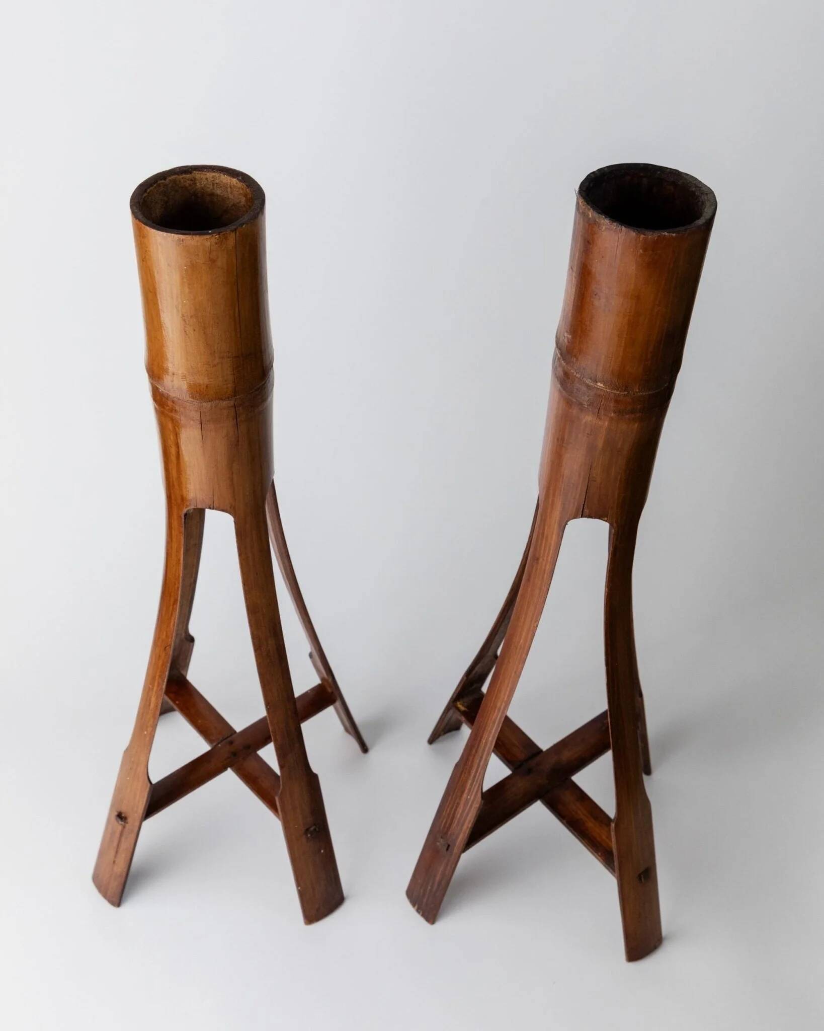 Two Vintage Beige Bamboo Candle Holders – Boho Organic Mid-Century Italian Design, 1960s