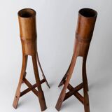 Two Vintage Beige Bamboo Candle Holders – Boho Organic Mid-Century Italian Design, 1960s