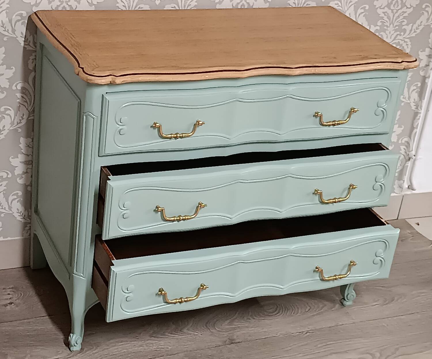 Louis XV style chest of drawers and bedside tables.