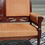 Vintage bench in wood and orange/ivory velvet.
