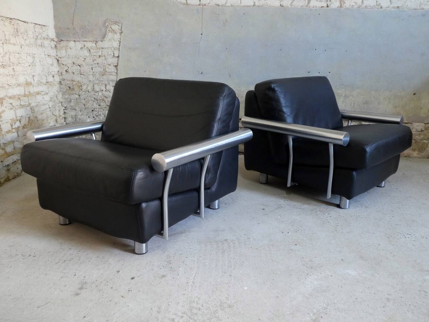 pair of armchairs, black leather & stainless steel, 1990