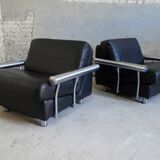 paire de fauteuils, cuir noir & inox, 1990