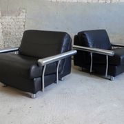 pair of armchairs, black leather & stainless steel, 1990