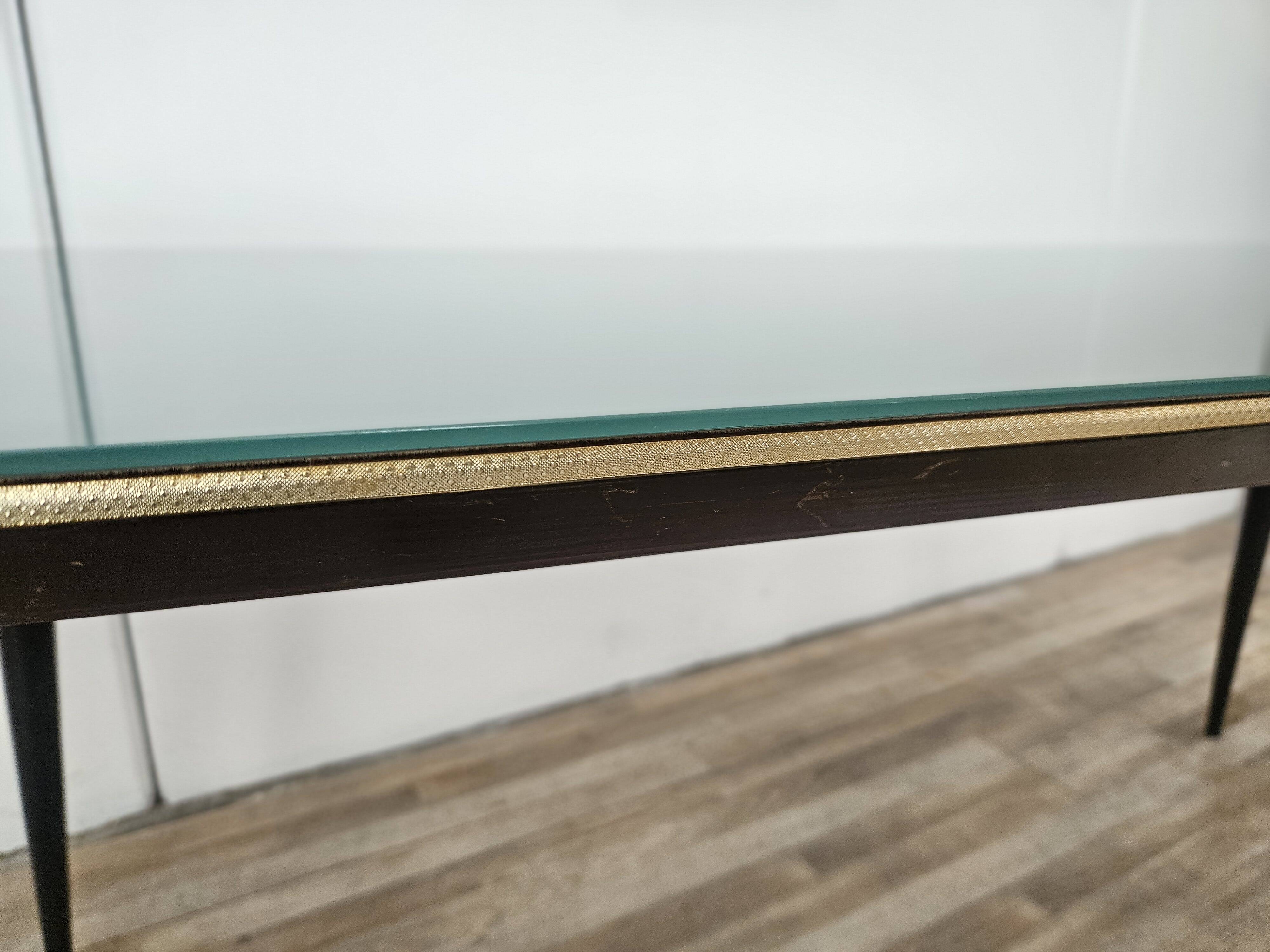 Mid-century mahogany dining table with aquamarine glass top