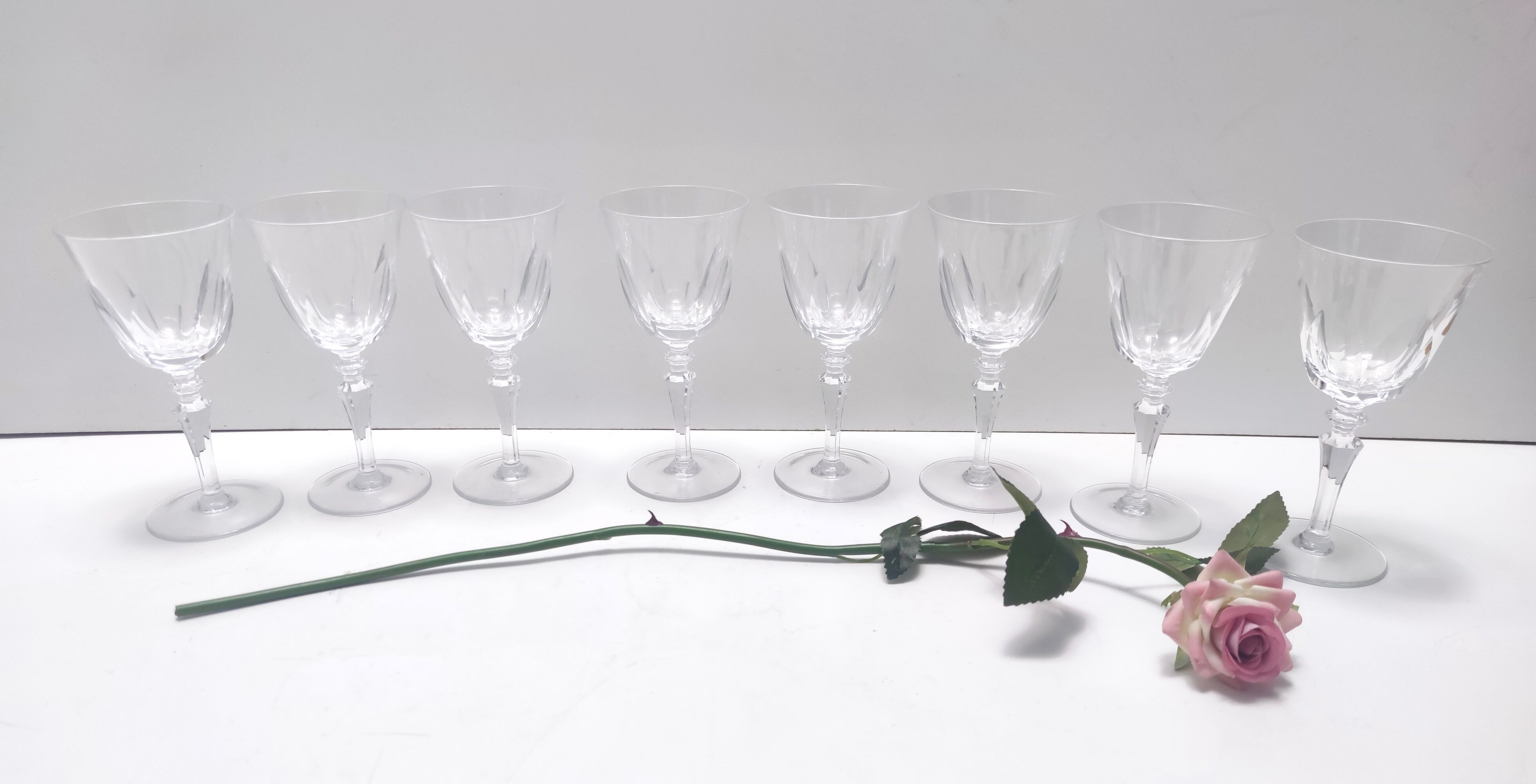 Postmodern Set of 8 Baccarat Crystal Champagne Coupes, France