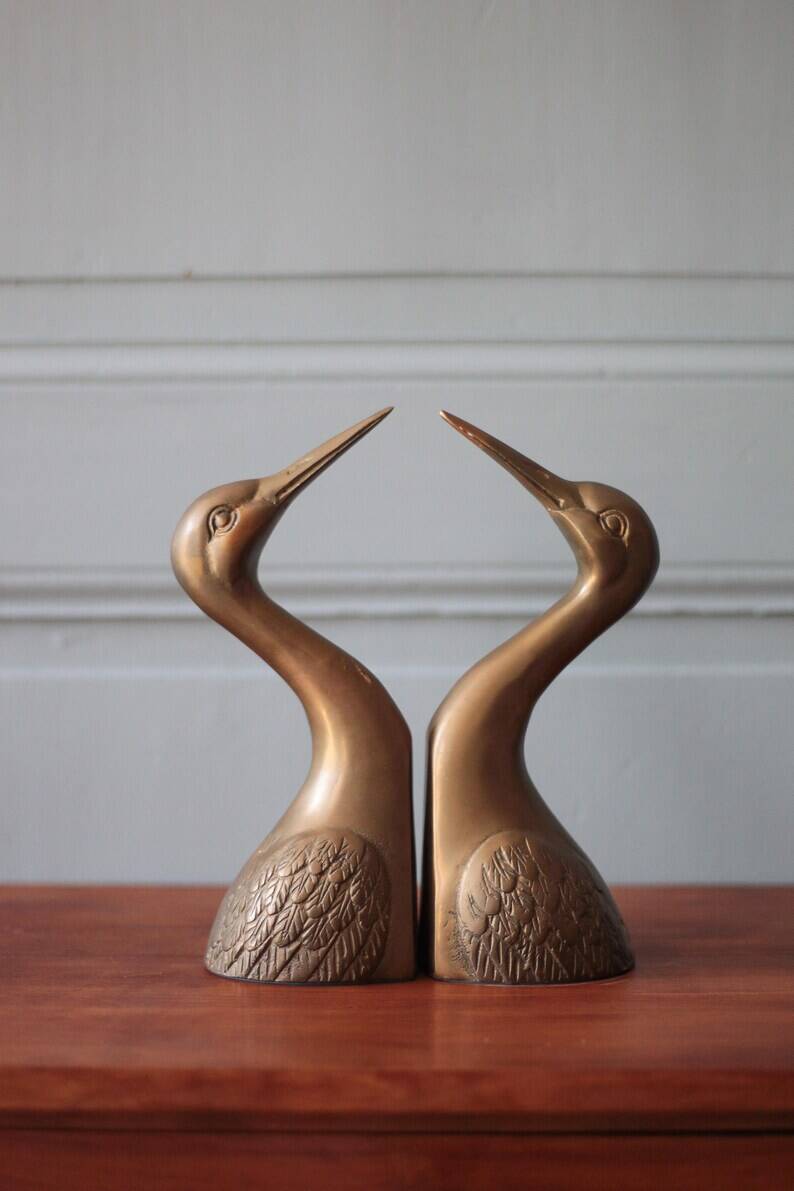 Vintage bookends, animal bookends, heron head, bird, brass sculpture, interior decor.