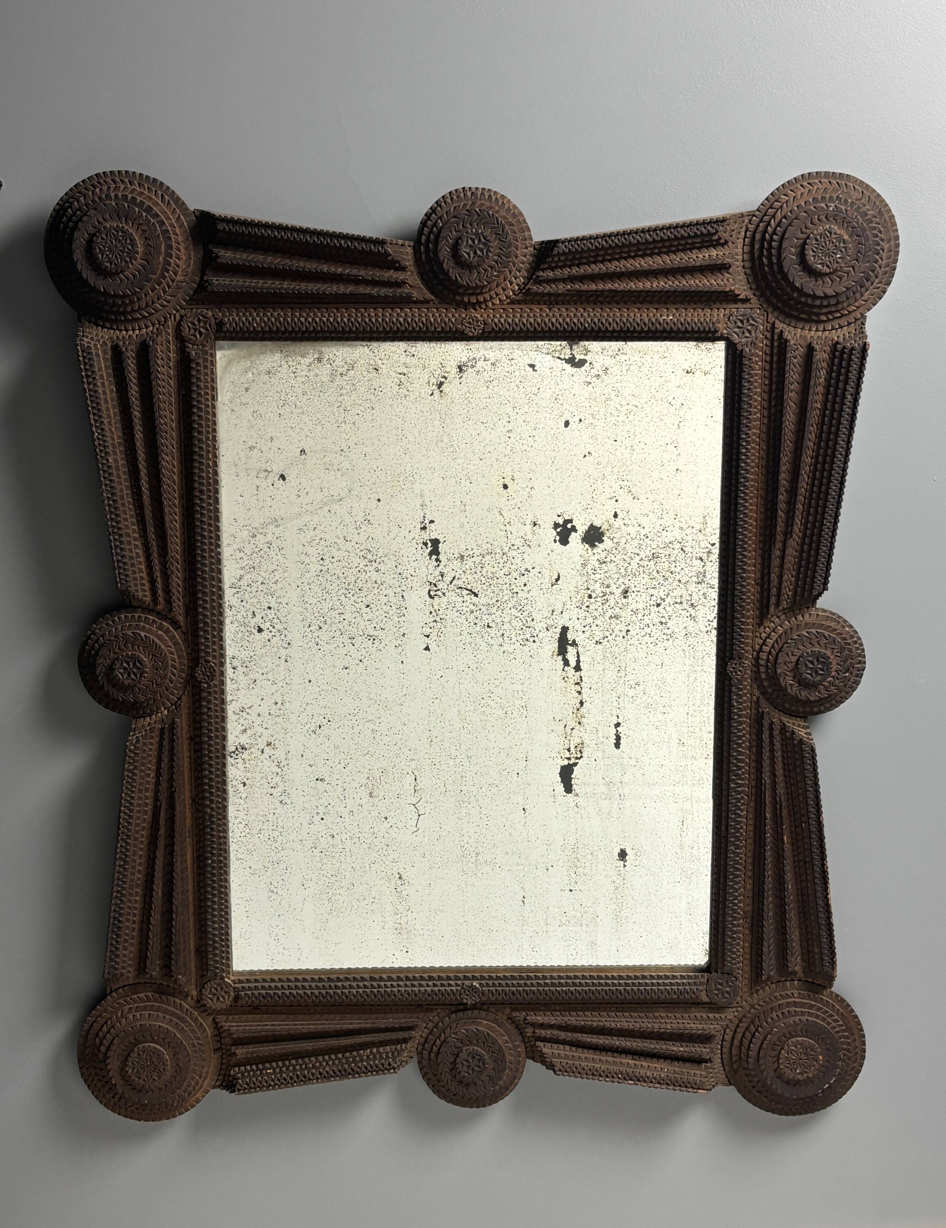 Antique tramp art folk art distressed mirror, Austria ca 1900s