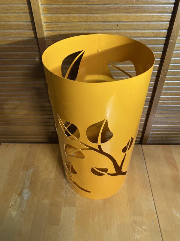 Porte Parapluie Design Cylindre Orange Métal Ajouré Décor Feuilles #E2