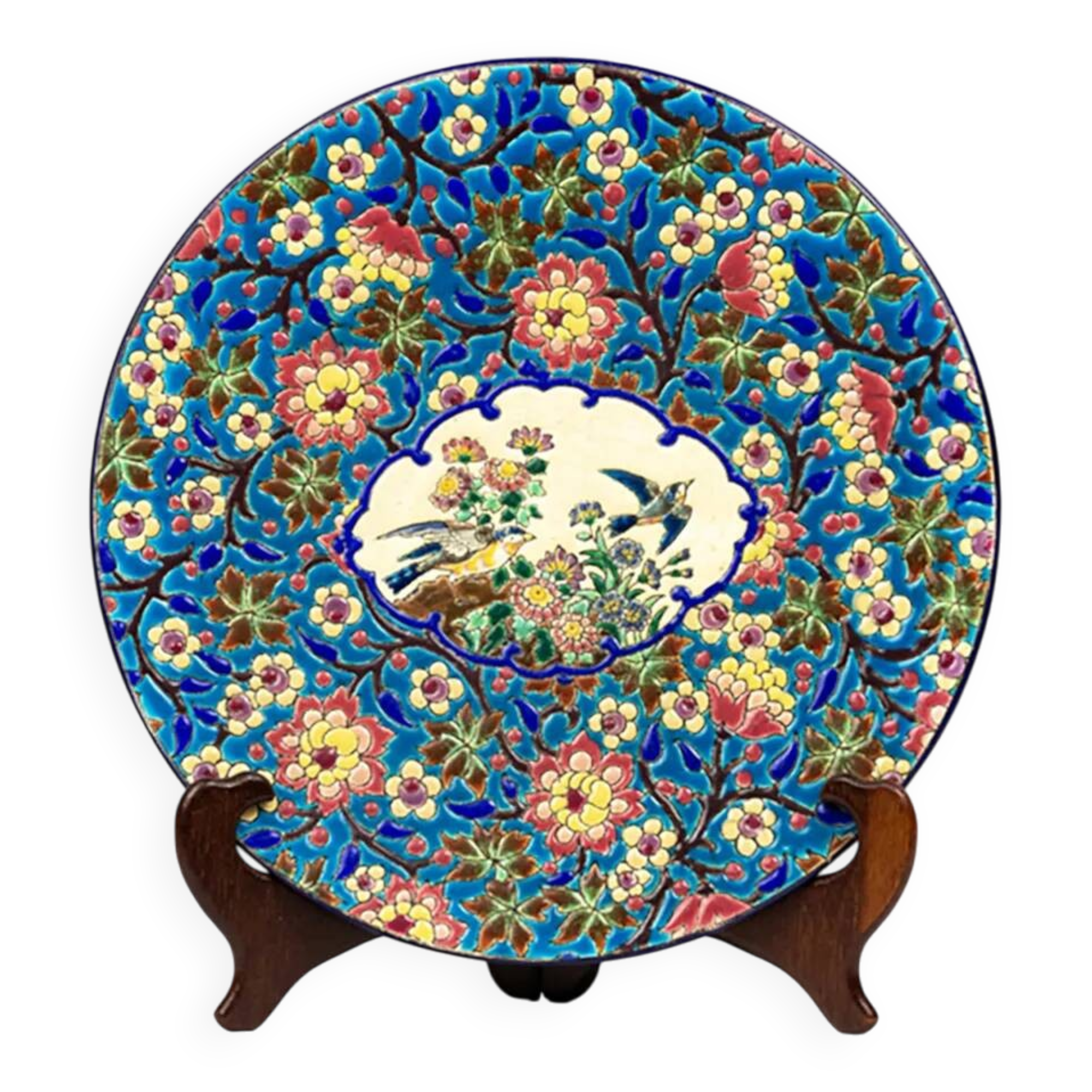 Plat en émaux de Longwy – Décor d’oiseaux et fleurs polychromes – 1950