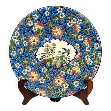 Longwy enamel plate – Decorated with polychrome birds and flowers – 1950
