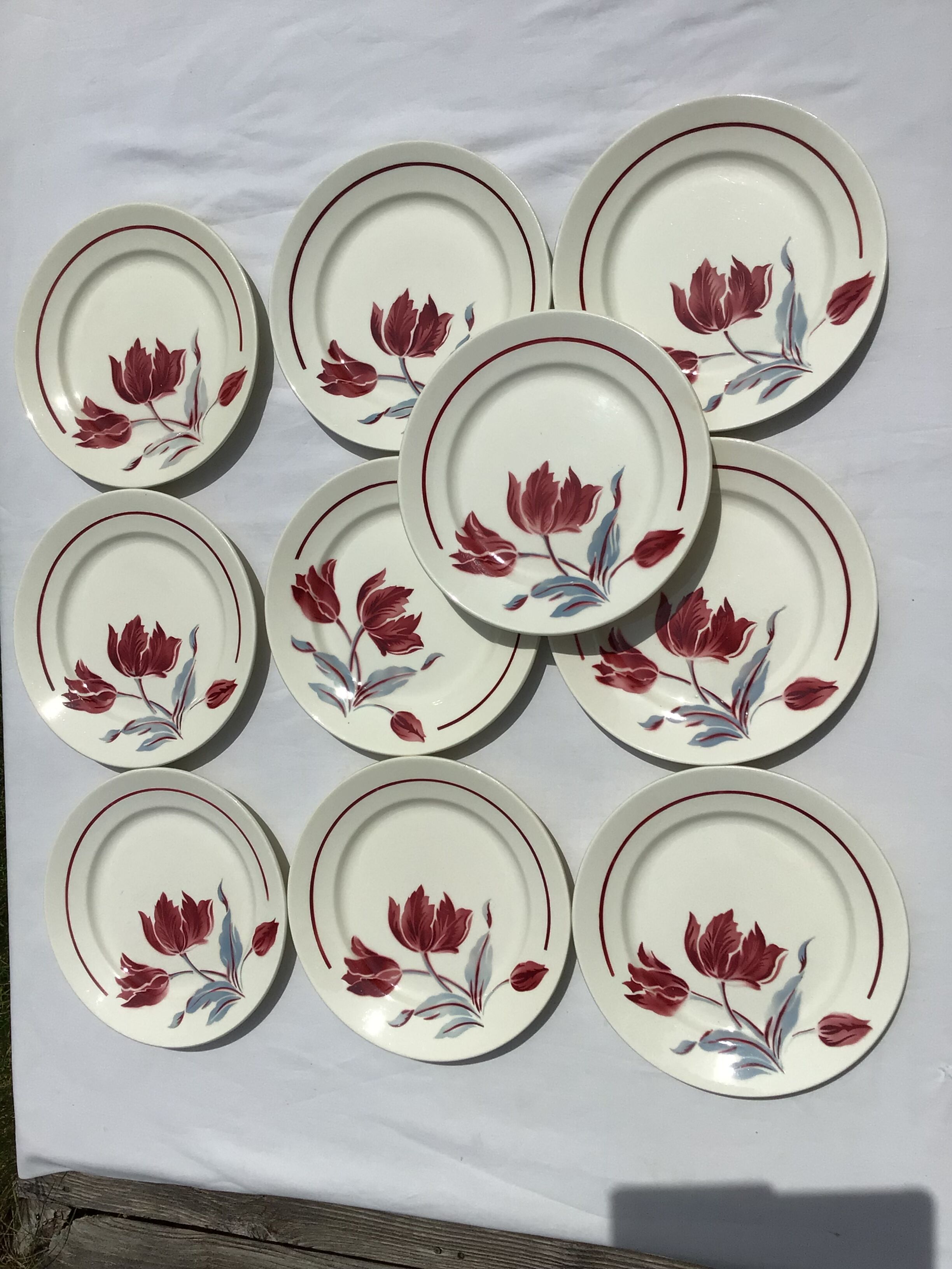 10 assiettes plates Badonviller modèle Juliette  tulipes bordeaux