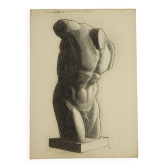Grand dessin académique Renée Belvaux (1903-1984) Nu Masculin 85x60cm