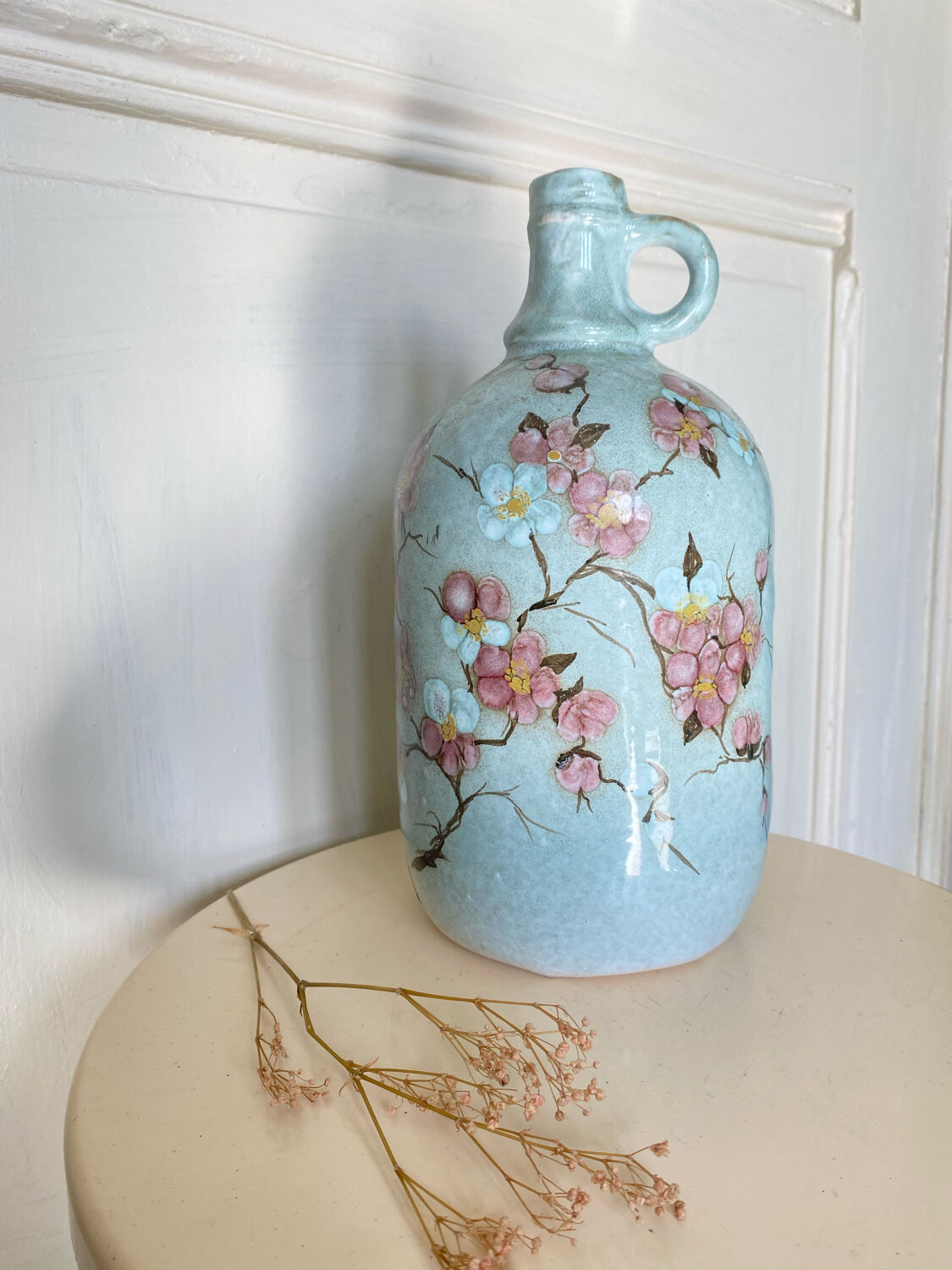 Signed ceramic bottle vase, cherry blossoms, 70s
