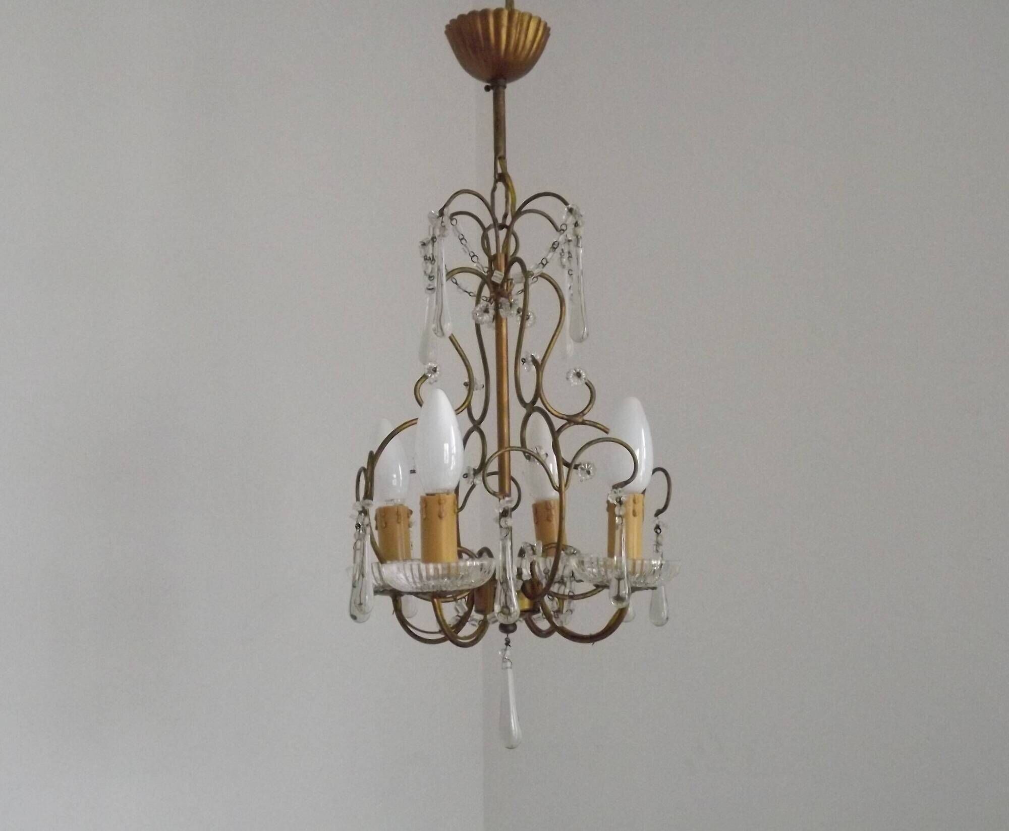 Vintage French 4 Arm Gilded Metal Cage Chandelier Beads Clear Murano Drops