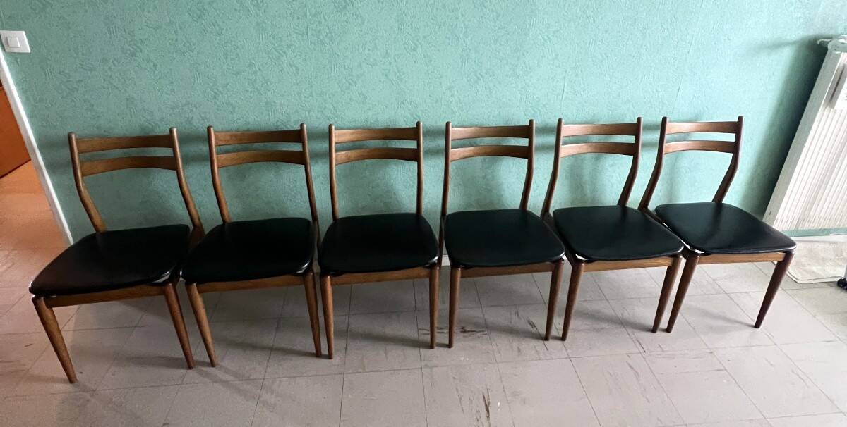 Set of six vintage scandinavian chairs. black faux leather seat, eros edition from around 1960.