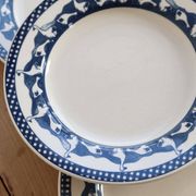 6 assiettes plates vintage motif oies bleu et blanc