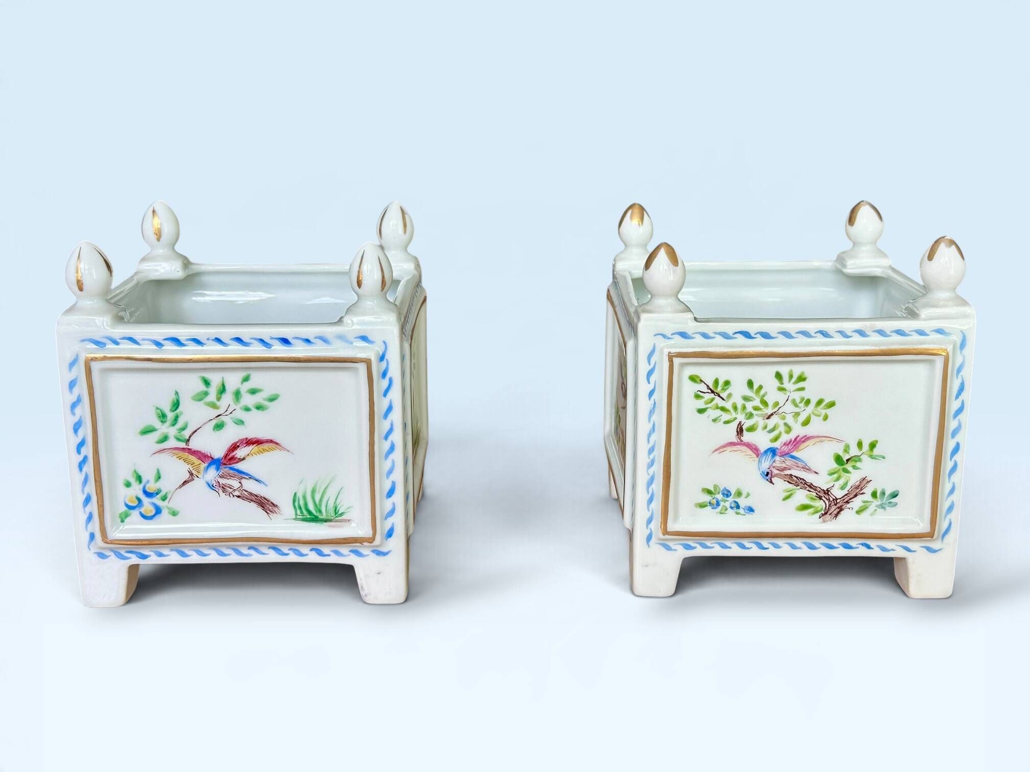 Pair of square flower pots, porcelain planters from Limoges, signed.