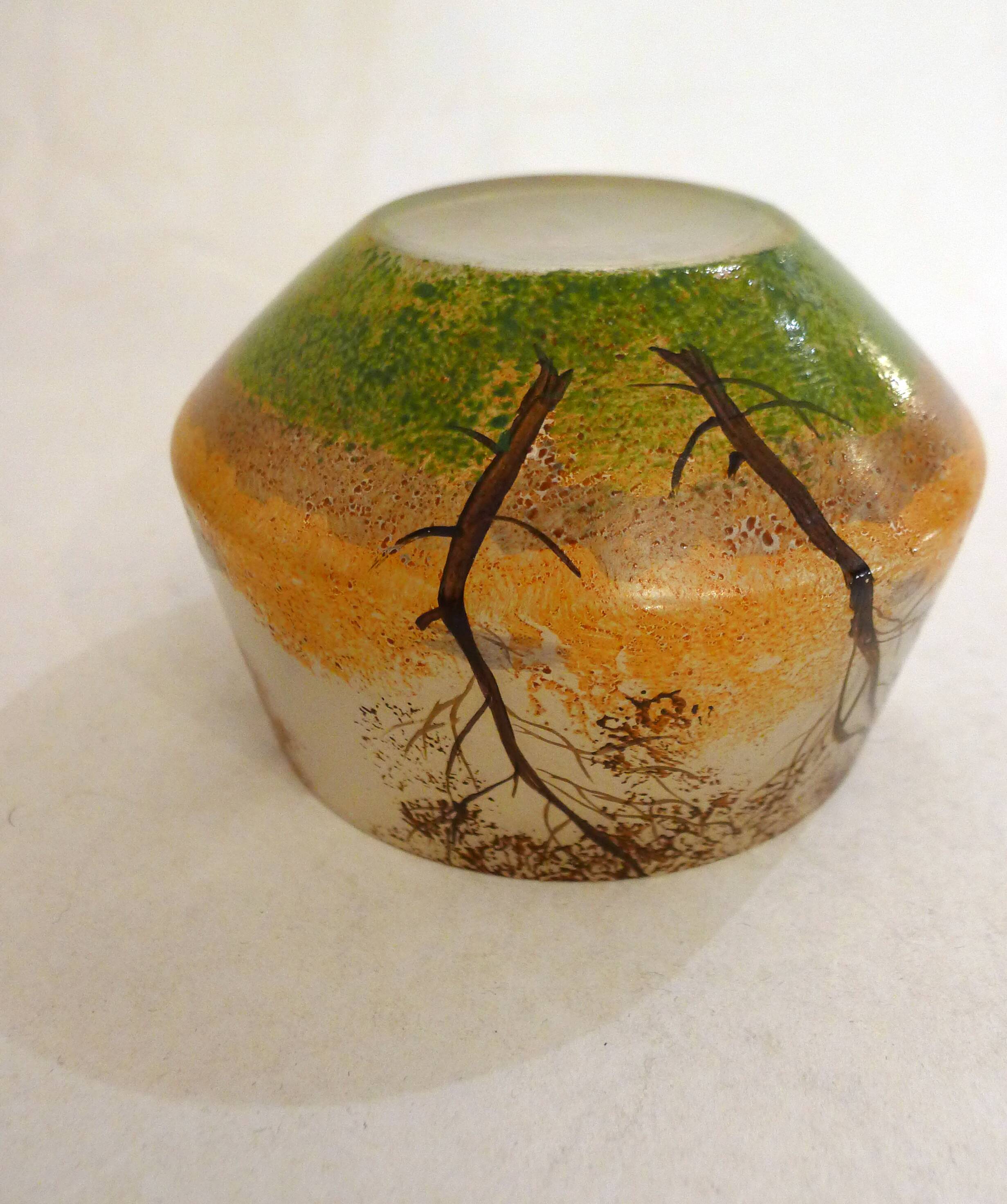 Small Art Nouveau enameled landscape vase/pot