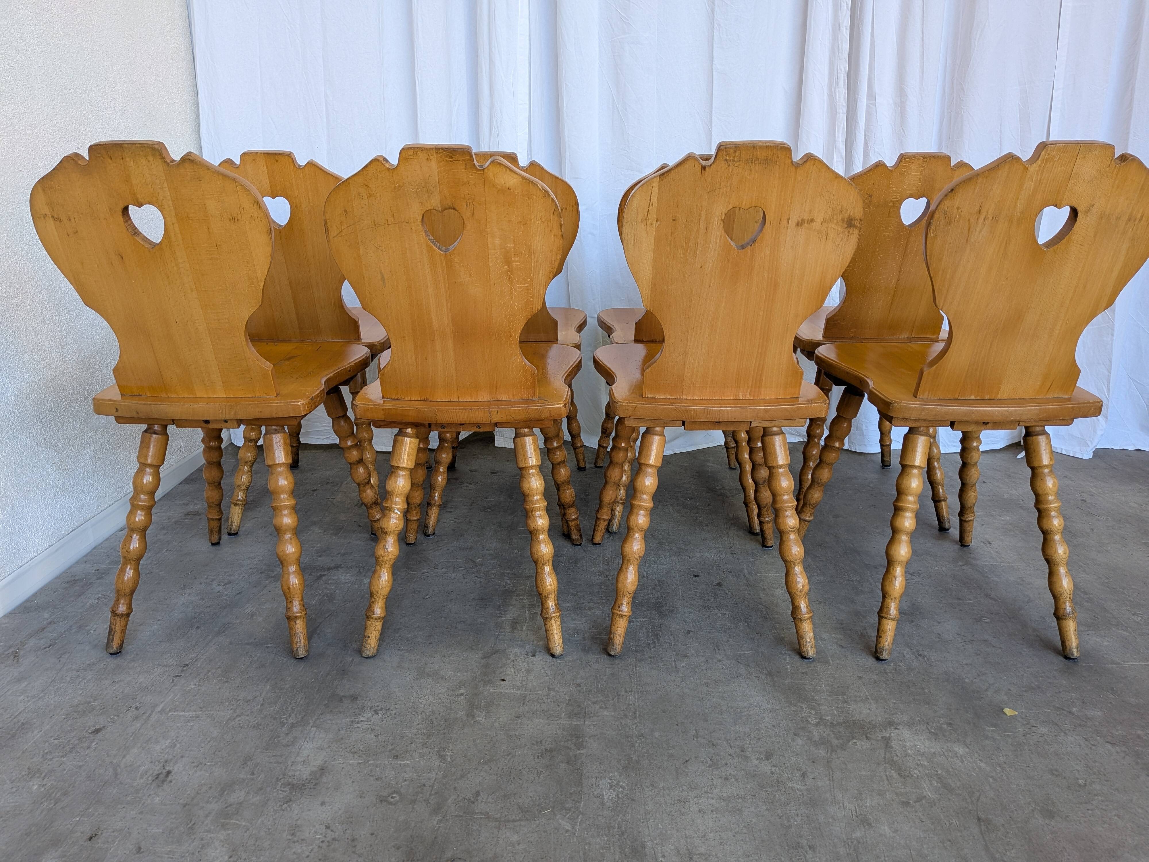 Set of 8 Vintage Tyrolean Heart Cutout Wooden Dining Chairs, Rustic Farmhou